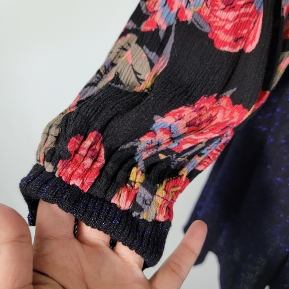 Free People Black Metallic Floral Knit Dress Sz S Ballon Sleeve Cottagecore Fall - Picture 7 of 12